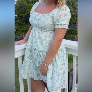 mine Mint Floral Square-Neck Mini Dress